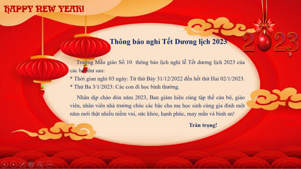TRƯỜNG MẪU GIÁO SỐ 10 THÔNG BÁO NGHỈ TẾT DƯƠNG LỊCH