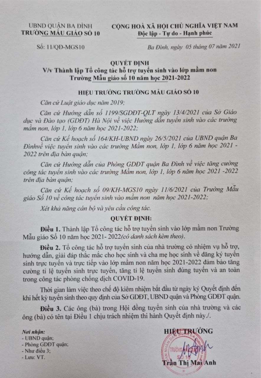 Quyết định Thành lập Tổ công tác hỗ trợ tuyển sinh năm học 2021-2022 của trường Mẫu giáo Số 10