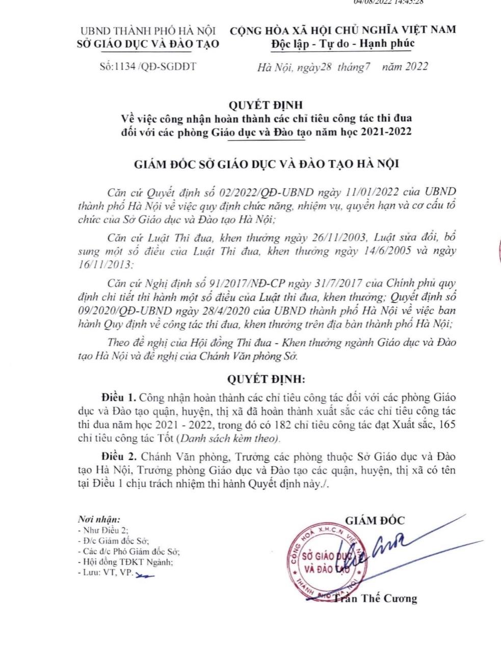 Quyết định về việc công nhận hoàn thành các chỉ tiêu công tác thi đua đối với các Phòng Giáo dục và Đào tạo năm học 2021 - 2022