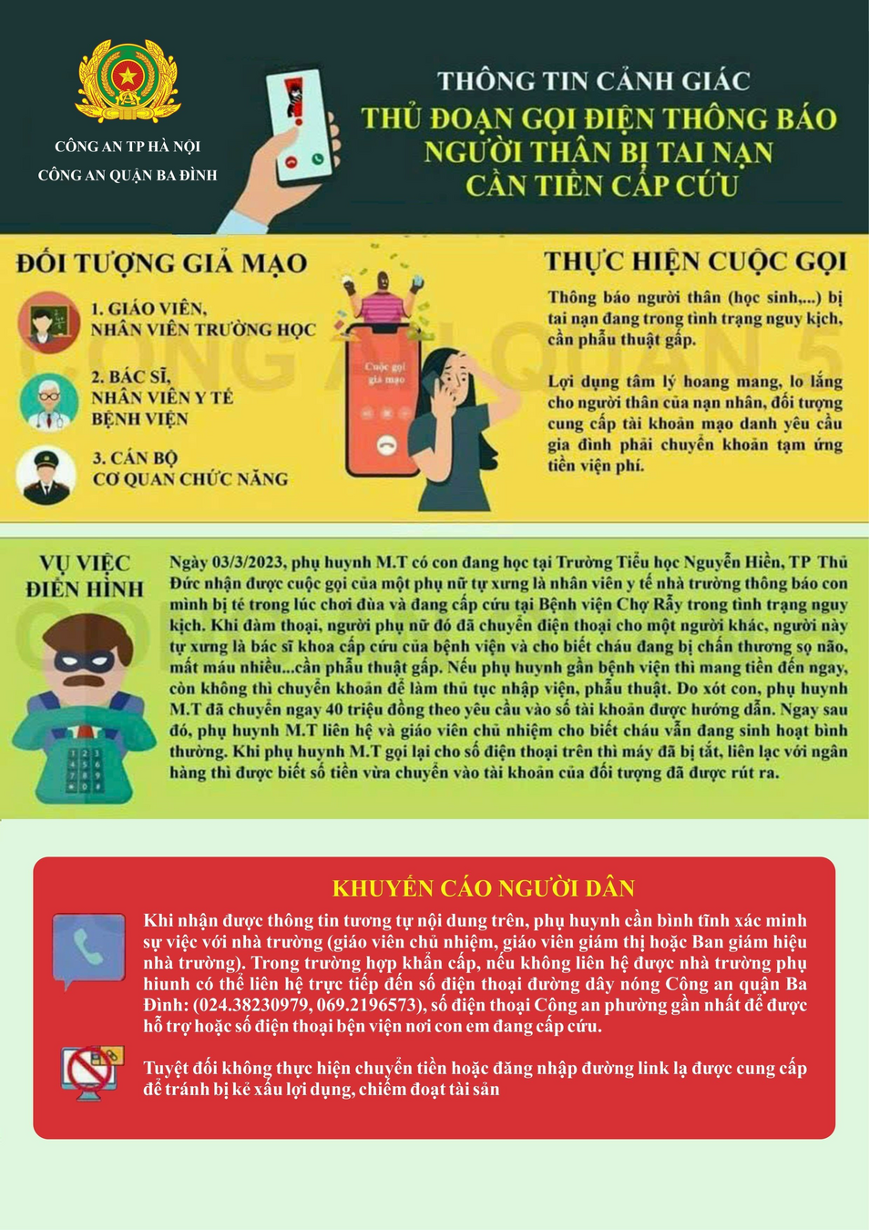 CBGVNV và Phụ huynh học sinh trường Mẫu giáo Số 10 cảnh giác với thủ đoạn sử dụng mạng viễn thông để lừa đảo, chiếm đoạt tài sản.
