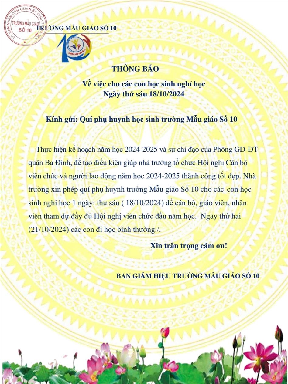 Thông báo về việc cho các con học sinh nghỉ học Ngày thứ sáu 18/10/2024