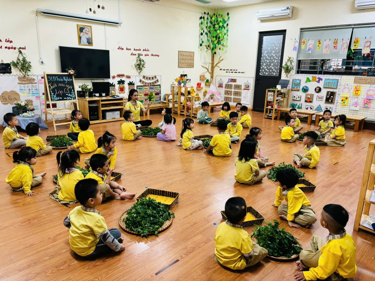 Hoạt động trải nghiệm: Tuốt rau ngót của các con lớp MGB C2