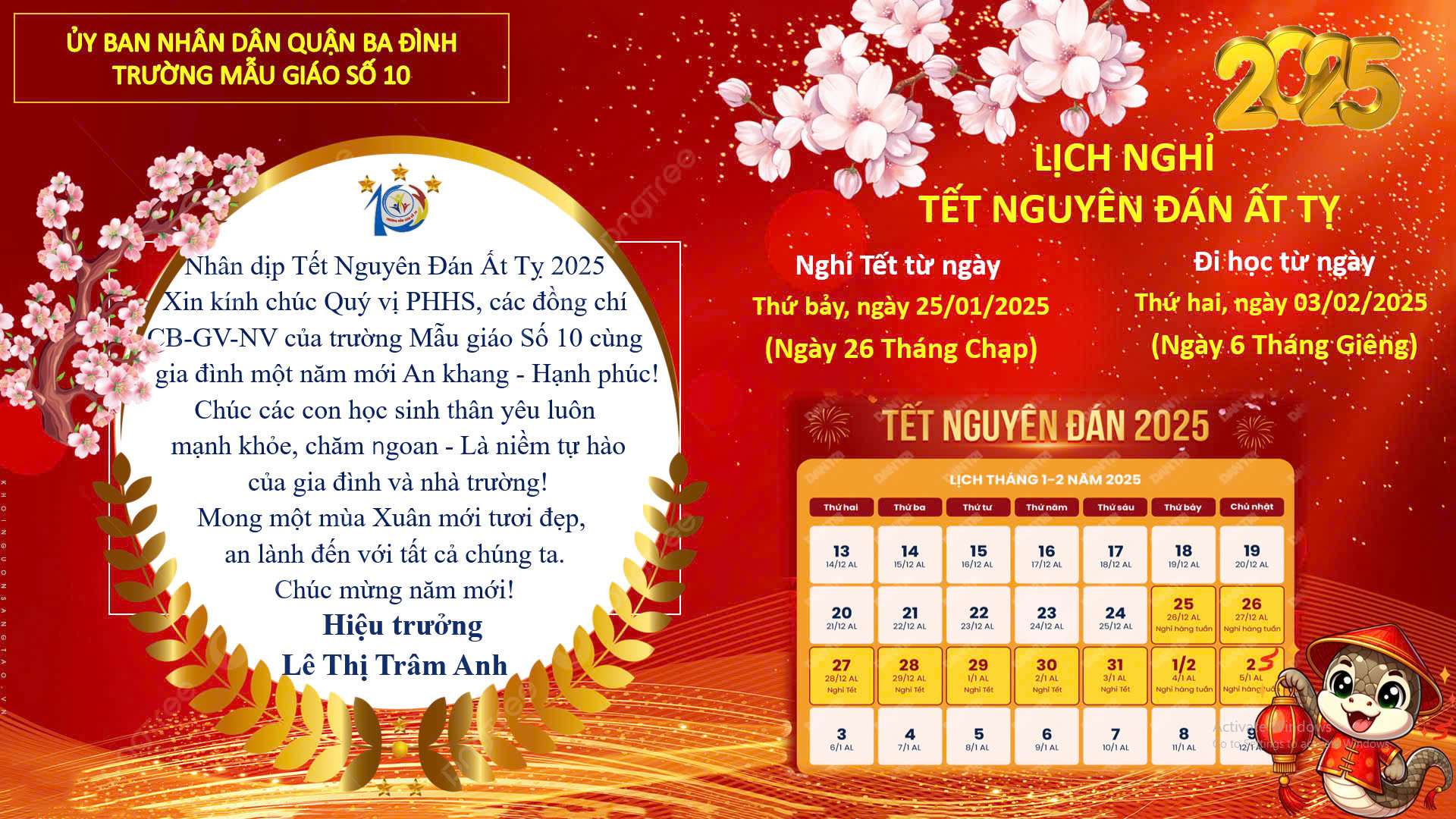 Trường Mẫu Giáo Số 10 kính gửi Quý vị PHHS lịch nghỉ Tết Nguyên đán Ất Tỵ