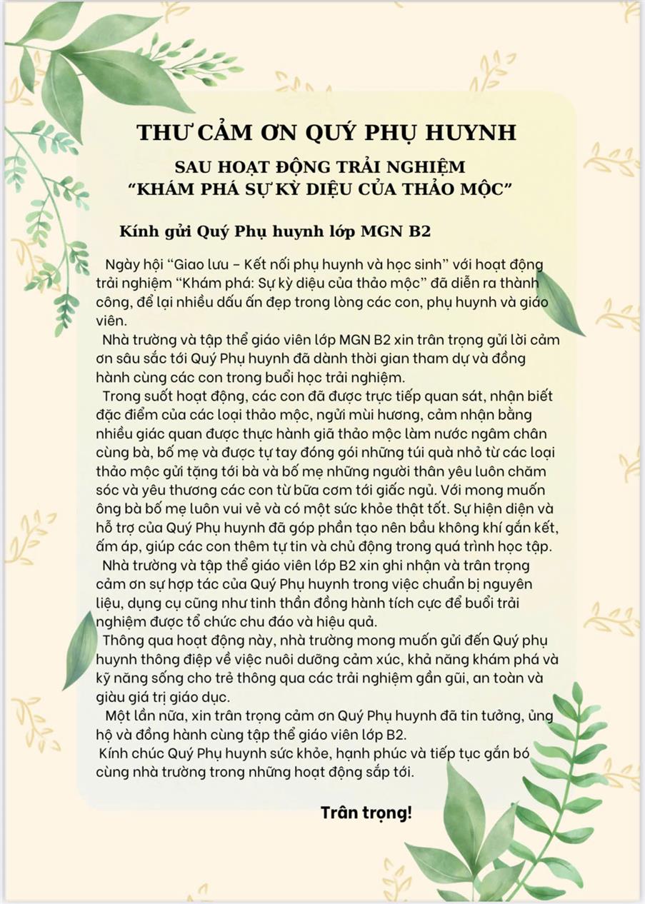 Thư cảm ơn quý phụ huynh lớp MGN_B2