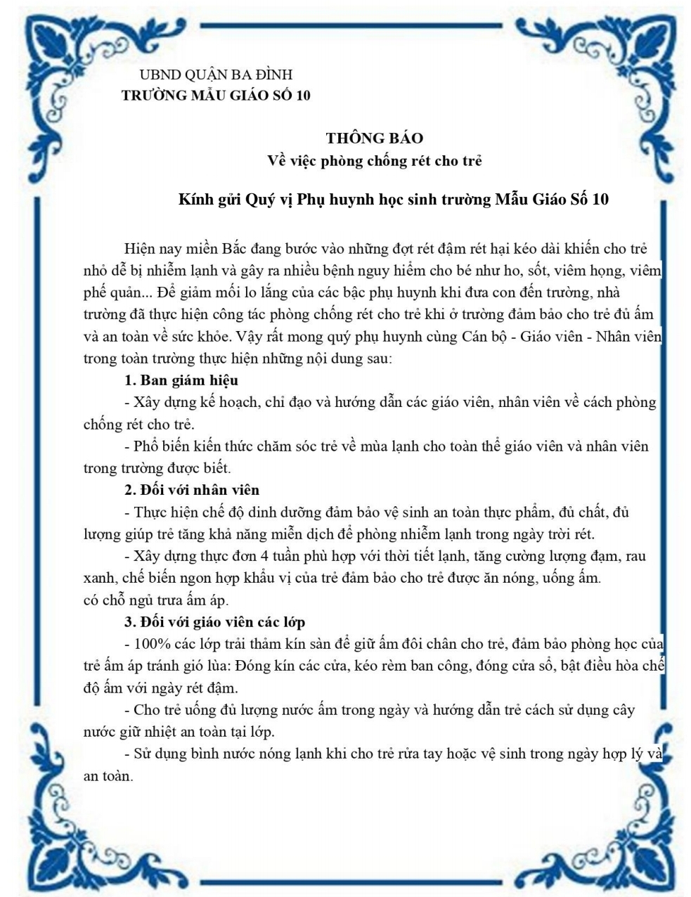 Trường Mẫu giáo Số 10 thông báo : Về việc phòng chống rét cho trẻ