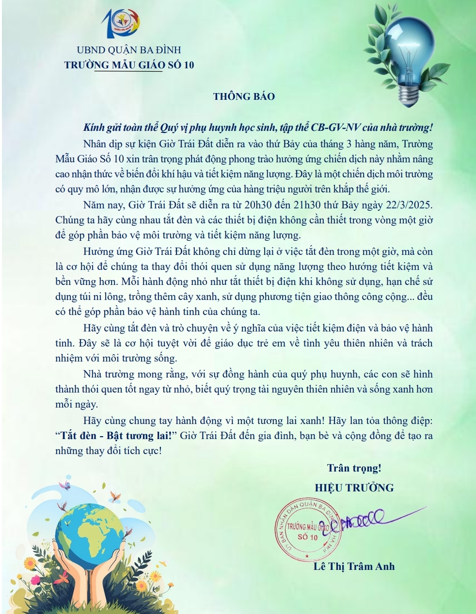 Trường Mẫu giáo Số 10 kính gửi thông báo "Hưởng ứng giờ trái đất năm 2025"  với thông điệp "Chuyển dịch xanh - Tương lai xanh"