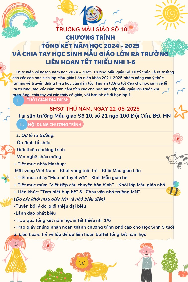 Trường Mẫu giáo Số 10 kính gửi Quý vị phụ huynh học sinh Chương trình tổng kết năm học 2024-2025