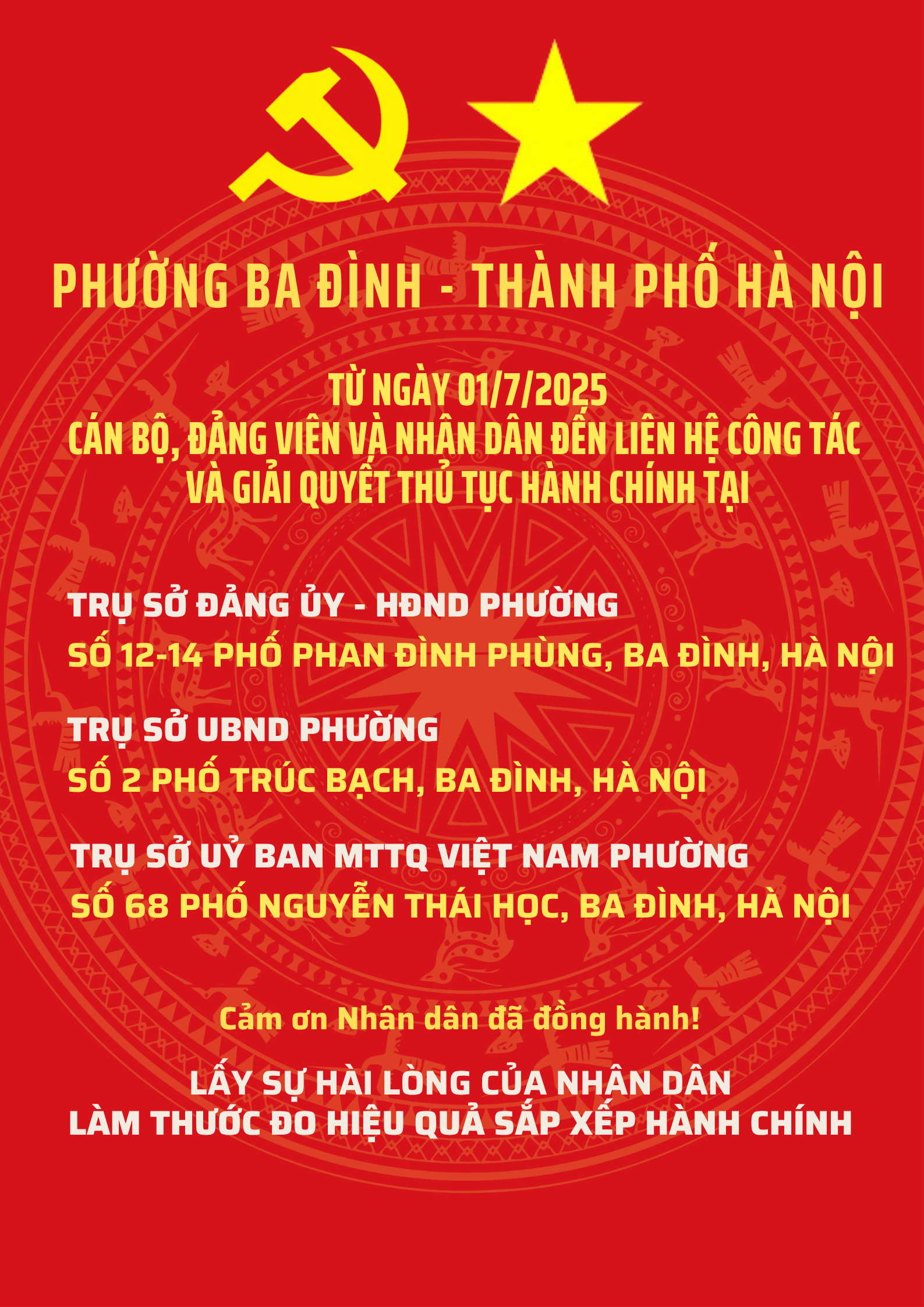 Thông báo về địa điểm liên hệ công tác và giải quyết thủ tục hành chính phường Ba Đình, thành phố Hà Nội